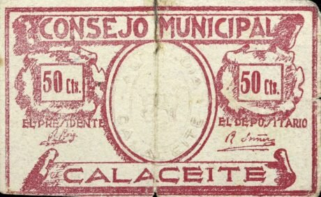 Реверс банкноты 50 centymów Calaseit (Hiszpania) 1937