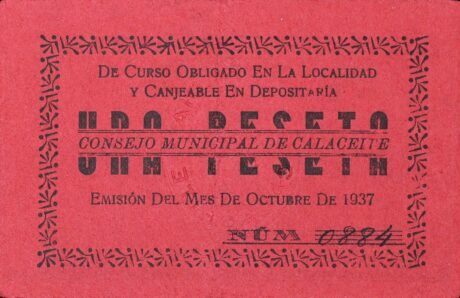 Аверс банкноты 1 peseta calaceit (Hiszpania) 1937