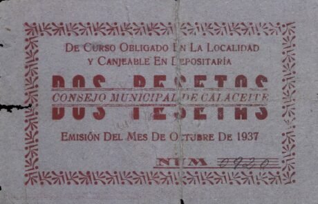 Аверс банкноты 2 pesety Calaceit (Hiszpania) 1937