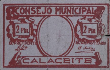 Реверс банкноты 2 pesety Calaceit (Hiszpania) 1937