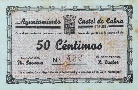 Аверс банкноты 50 сантимов Кастель де Кабра (Испания)