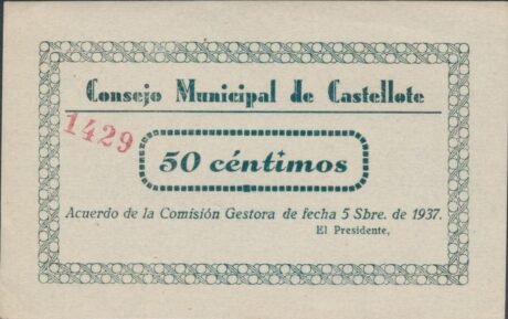 Аверс банкноты 50 сантимов Кастеллоте (Испания) 1937 года