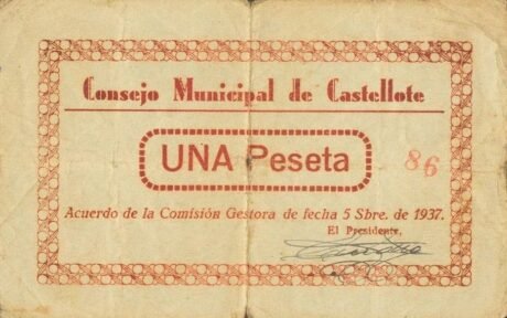 Аверс банкноты 1 peseta Castellote (Spain) 1937
