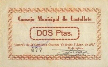 Аверс банкноты 2 pesety Castellote (Hiszpania) 1937