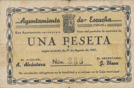 Аверс банкноты 1 peseta Escucha (Spain) 1937