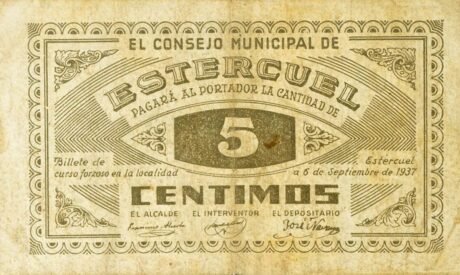 Аверс банкноты 5 сантимов Эстеркуэль (Испания) 1937 года