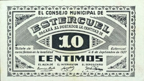 Аверс банкноты 10 сантимов Эстеркуэль (Испания) 1937 года