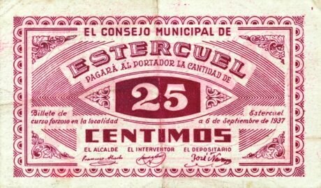 Аверс банкноты 25 сантимов Эстеркуэль (Испания) 1937 года