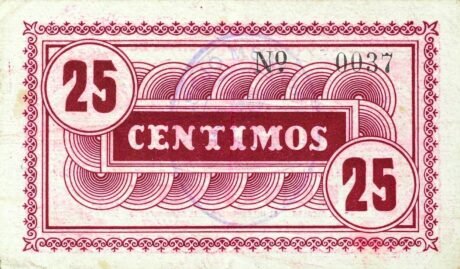 Реверс банкноты 25 сантимов Эстеркуэль (Испания) 1937 года