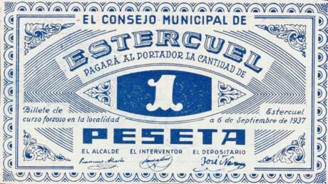 Аверс банкноты 1 песета Эстеркуэль (Испания) 1937 года