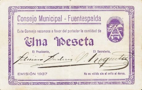Аверс банкноты 1 peseta Fuentespalda (Hiszpania) 1937