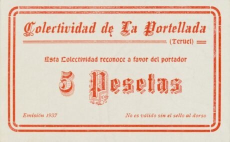 Аверс банкноты 5 peset La Portellada (Hiszpania) 1937