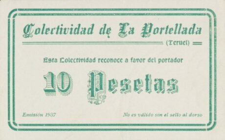 Аверс банкноты 10 peset La Portellada (Hiszpania) 1937