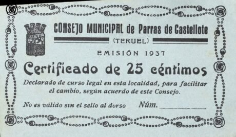 Аверс банкноты 25 centymów Parras de Castellote (Hiszpania) 1937