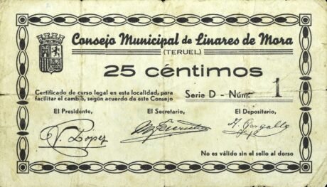 Аверс банкноты 25 сантимов Линарес де Мора (Испания)
