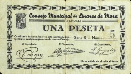 Аверс банкноты 1 peseta Linares de Mora (Hiszpania)