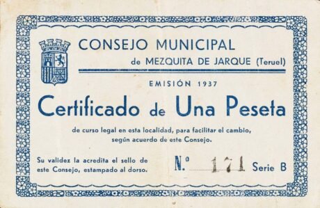 Аверс банкноты 1 песета Мескита де Харке (Испания) 1937 года