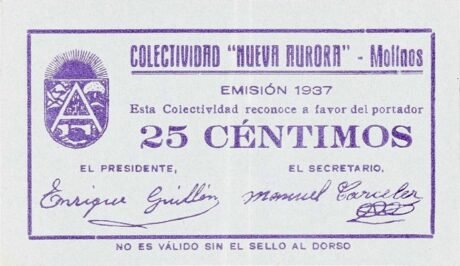 Аверс банкноты 25 centymów Molinos (Hiszpania) 1937