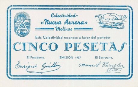 Аверс банкноты 5 peset molinos (Hiszpania) 1937
