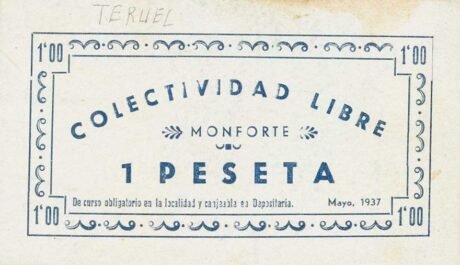 Аверс банкноты 1 песета Монфорте (Испания) 1937 года