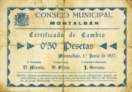 Аверс банкноты 0,50 песет Монтальбан (Испания) 1937 года