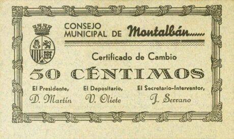 Аверс банкноты 50 сантимов Монтальбан (Испания) 1937 года