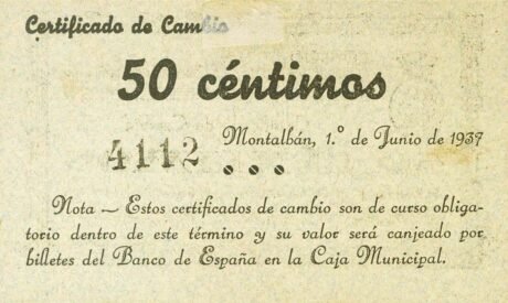 Реверс банкноты 50 сантимов Монтальбан (Испания) 1937 года