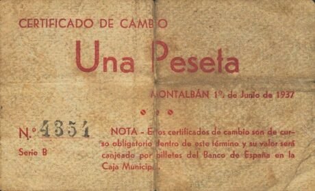 Реверс банкноты 1 peseta Montalban (Hiszpania) 1937