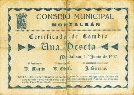 Аверс банкноты 1 peseta Montalban (Hiszpania) 1937
