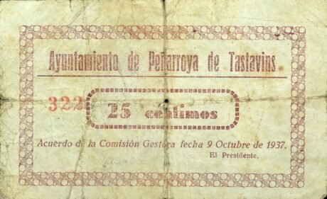 Аверс банкноты 25 centymów Peñaroya de Tastavins (Hiszpania) 1937