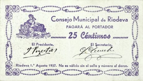 Аверс банкноты 25 centymów Riodeva (Hiszpania) 1937