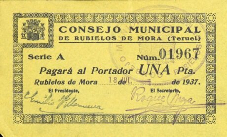 Аверс банкноты 1 песета Рубиелос де Мора (Испания) 1937 года