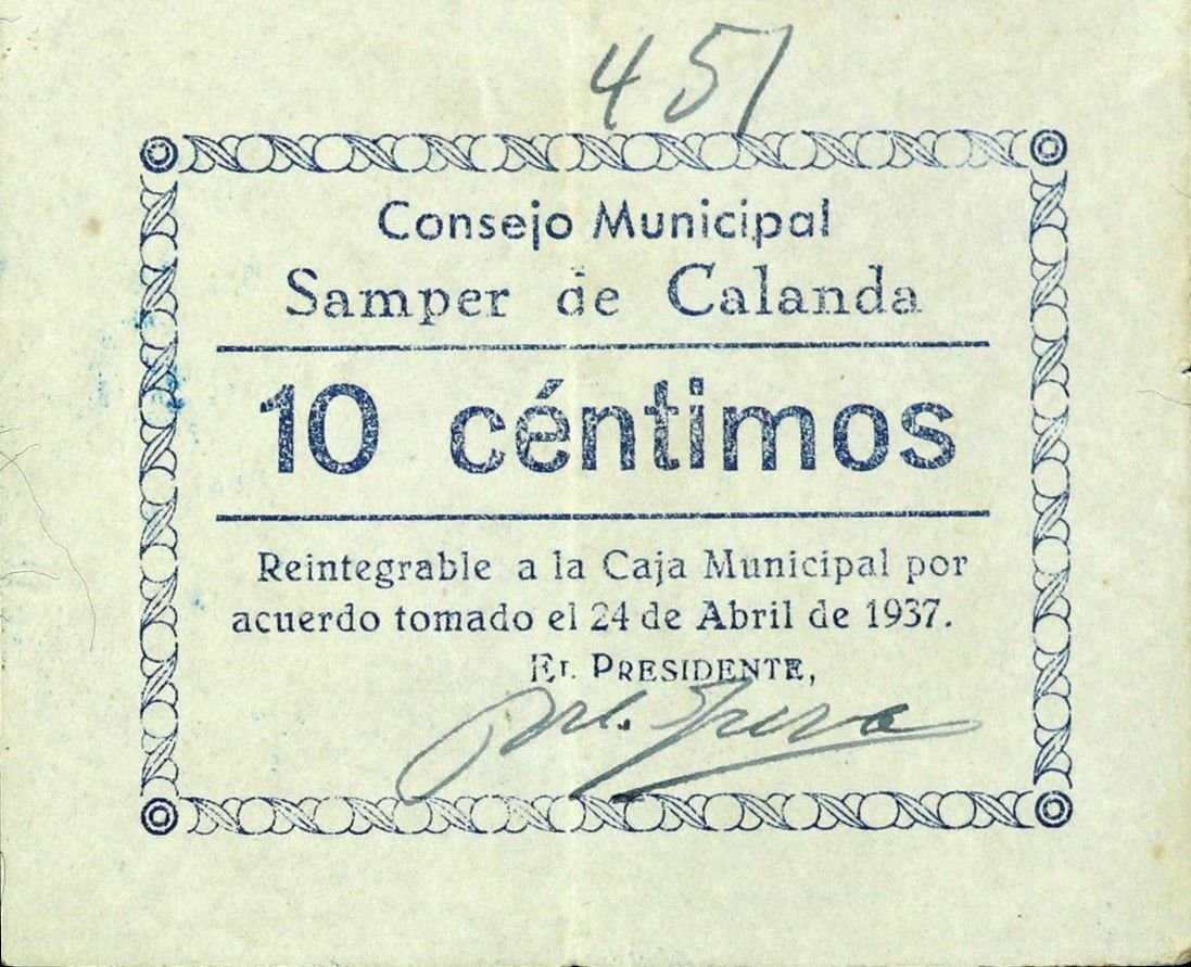 Аверс банкноты 10 сантимов Сампер де Каланда (Испания) 1937 года