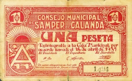 Аверс банкноты 1 peseta Samper de Calanda (Hiszpania) 1937