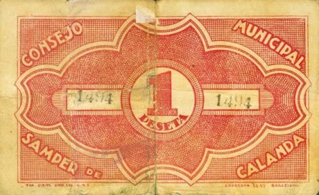 Реверс банкноты 1 peseta Samper de Calanda (Hiszpania) 1937