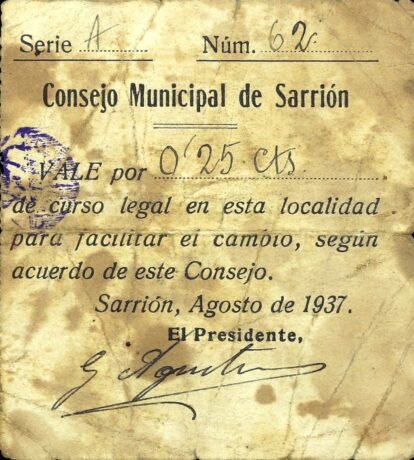 Awers banknotu 25 centymów Sarrión (Hiszpania) 1937