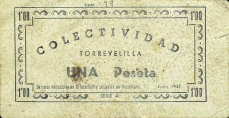 Аверс банкноты 1 peseta Torrevelilla (Hiszpania) 1937
