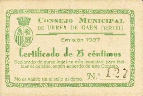 Аверс банкноты 25 centymów Urrea de Gaen (Hiszpania) 1937