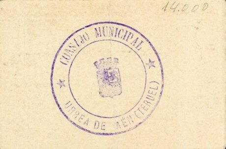 Реверс банкноты 25 centymów Urrea de Gaen (Hiszpania) 1937