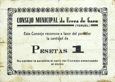 Аверс банкноты 1 песета Урреа де Гаэн (Испания)
