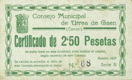Аверс банкноты 2,50 песет Урреа де Гаэн (Испания) 1937 года