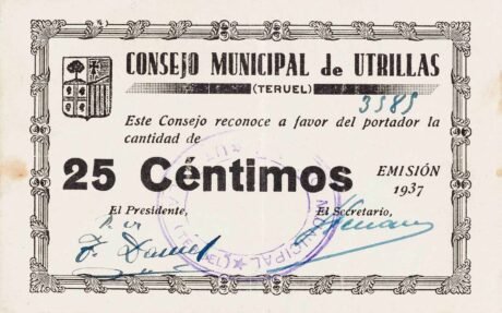 Аверс банкноты 25 centymów Utrillas (Hiszpania) 1937