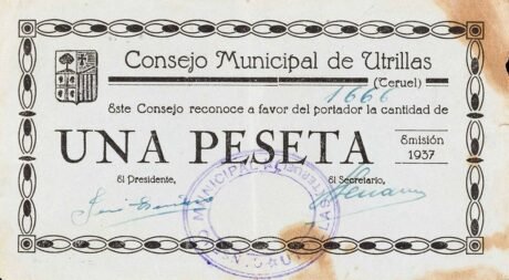 Аверс банкноты 1 peseta Utrillas (Hiszpania) 1937