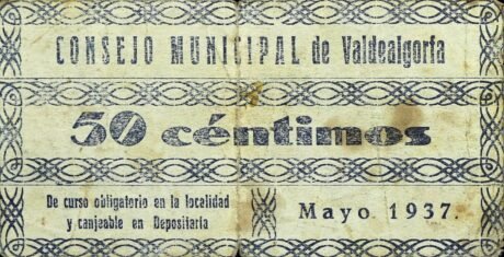Аверс банкноты 50 centymów Valdealgorfa (Hiszpania) 1937