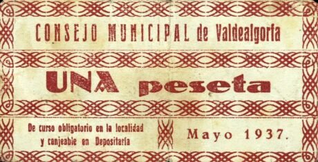 Аверс банкноты 1 peseta Valdealgorfa (Spain) 1937