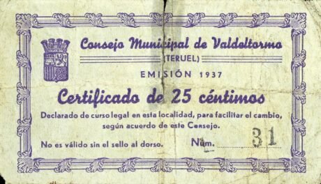 Аверс банкноты 25 centymów Valdeltormo (Hiszpania) 1937