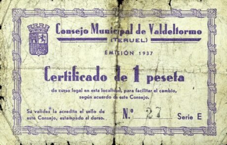 Аверс банкноты 1 peseta Valdeltormo (Spain) 1937
