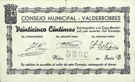 Аверс банкноты 25 centymów Valderrobres (Hiszpania)