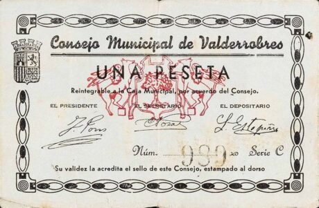 Аверс банкноты 1 peseta Valderrobres (Spain)