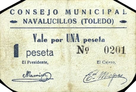 Аверс банкноты 1 peseta Navalucillos (Spain)